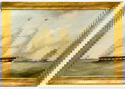 Samuel Walters (1811-1882) Oil on Canvas Ships at Sea: Signed lower right. The ship is named "Pharsalia". Frame has "Old Print Shop Appraisal 1960" written on the back. Also has a sticker on the back with "Mrs. Parker W.F." written on it. Includes documen