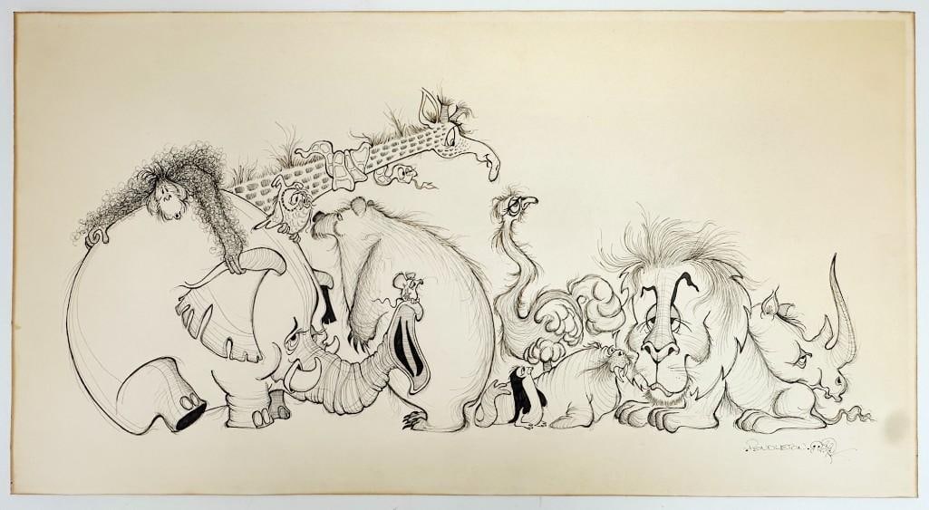 Signed Pendleton Original Ink Animator Drawing on Board Depicting Animals: This is a hand drawn illustration on board depicting animals. Condition: Some yellowing throughout. Some ghosting from previously being framed. Dimensions: 16 in H x 30 in W. Weighs 1 lb.