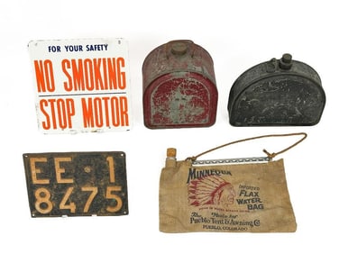 Lot of 5 Automobilia Lot Signs, Bag & Jerry Cans
