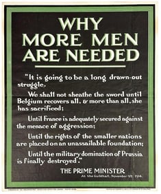 WWI World War I British Draft Conscription Poster 1914, Why More Men Are Needed