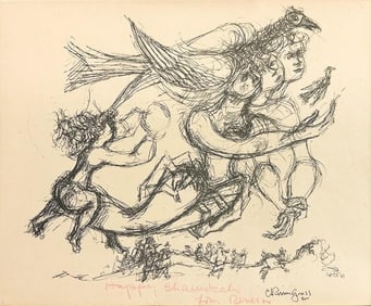 Chaim Gross (1902-1991) Pencil Signed Print Happy Chanukah From Chaim