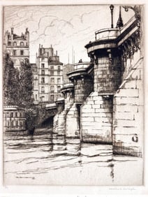 Caroline Helena Armington (1875-1939) Etching on Paper, Pont Neuf et le Quai du Louvre, Paris