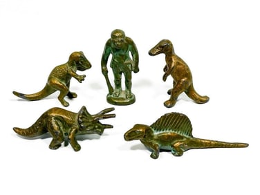 Lot of Five SRG Miniature Cast Metal Dinosaurs & Caveman Figures