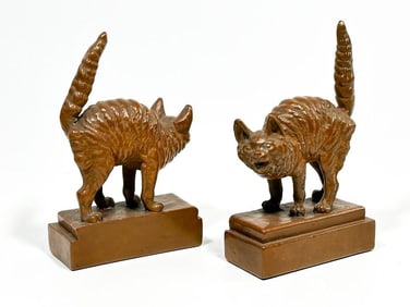 Pair Pompeian Bronze Angry Cat Figure Bookends