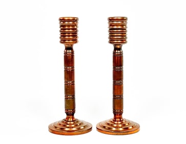 Pair Machine Age Turned Copper Candleholders