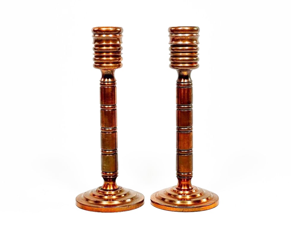 Pair Machine Age Turned Copper Candleholders (1 of 2)