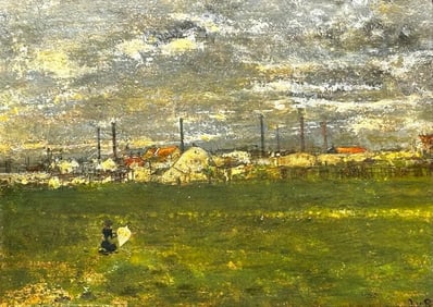 Artist Unknown Miniature Oil On Panel Woman Flying Kite w/ Factory Buildings