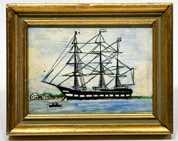 Artist Unknown Miniature Oil On Canvas Maritime Sailing Ship