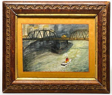 Wyn Buie 1930s American Folk Art Gouache on Paper Tugboat Bridge Cityscape: Signed and dated in lower left. Condition: Painting appears to be in very good condition. Has not been examined out of frame. Frame in fair condition. Some separation at joints. Dimensions: Visible