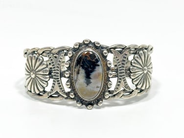 Native American Indian Silver & Agate Cabochon Cuff Bracelet