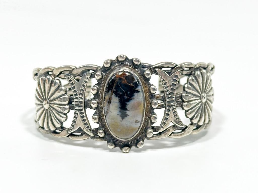 Native American Indian Silver & Agate Cabochon Cuff Bracelet (1 of 7)