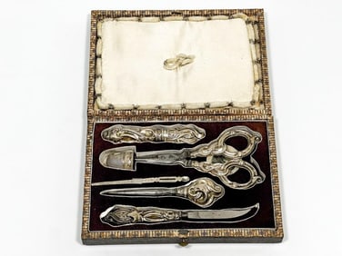 19th C French Silver Sewing Kit in Reverse-Painted Glass Box