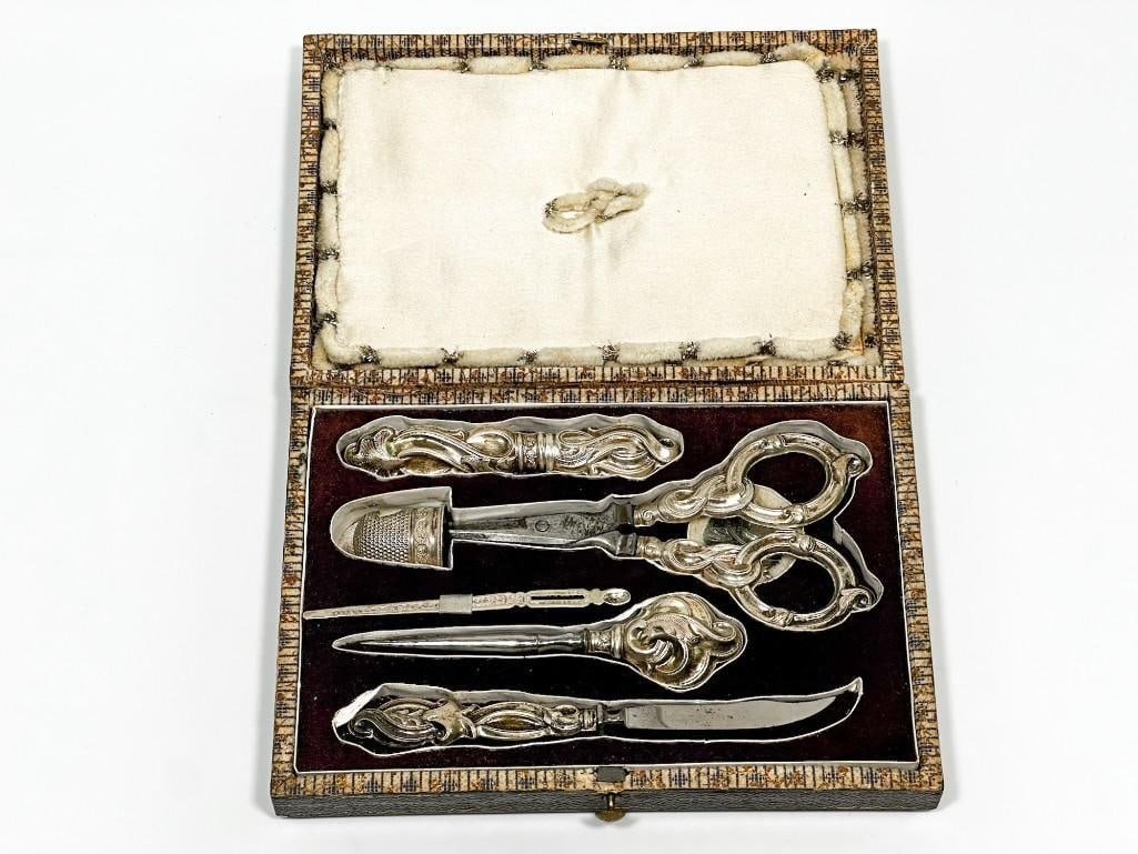 19th C French Silver Sewing Kit in Reverse-Painted Glass Box (1 of 12)
