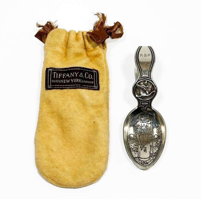 Tiffany & Co. Sterling Silver Little Bo-Peep Baby Spoon: Monogrammed R.B.P. Includes Tiffany & Co. felt sleeve. Condition: Excellent. Dimensions: Approx. 4 in. L x 1.25 in. W. Weight: Approx. 35.7 g. FLAT RATE SHIPPING: $15 Domestic US $