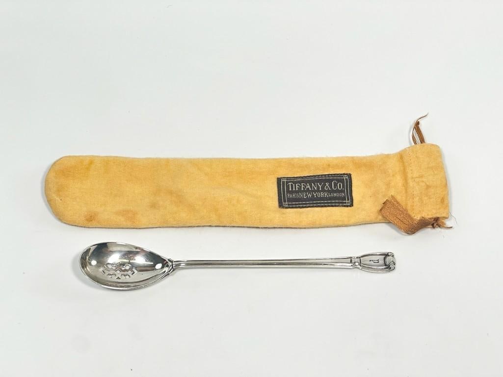 Tiffany & Co. Castilian Sterling Silver Pierced Bowl Olive Spoon: Monogrammed P. Includes Tiffany & Co. felt sleeve. Condition: Excellent. Dimensions: Approx. 6.5 in. L x 1 in. W. Weight; Approx. 27.5 g. FLAT RATE SHIPPING: $15 Domestic US $25 In