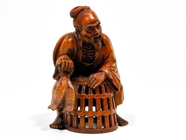 Signed Hand Carved Boxwood Fisherman Figure