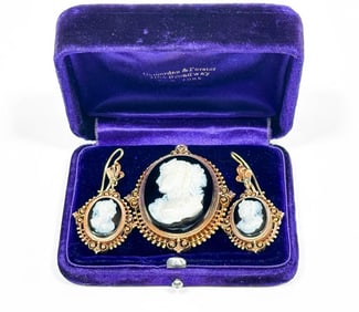 Victorian 14K Yellow Gold Hardstone Cameo Brooch/Pendant & Earrings Set