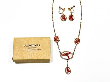 Antique Gold Filled Coral Necklace and Earrings Set