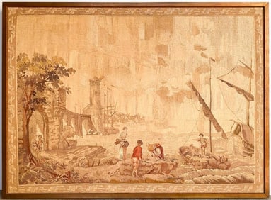 Antique Wool Tapestry, Port Scene