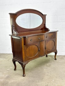 Antique Ribbon Mahogany Buffet w/ Beveled Oval Mirror and Queen Anne Feet