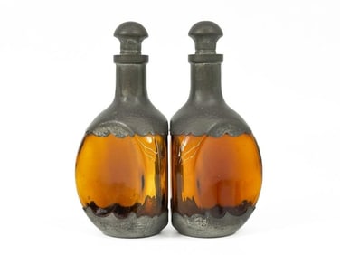 Pair Daalderop Holland Pewter Amber Glass Decanter Bottles