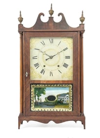 E. Terry & Sons Antique Mantle Clock w/ Reverse Hand Painted Glass Panel, Americana