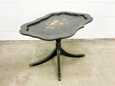 Antique Tilt-Top Black Lacquer Side Table w/ MOP Inlay