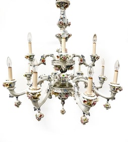 Vintage Ceramic 12 Light Dresden Style Porcelain Chandelier with Floral Motifs
