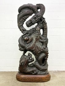 Vintage Large Chinese Wood Carving Sculpture Depicting Shaolou w/ Dragon