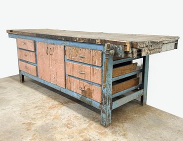 Vintage Wood and Steel Industrial Workbench with Drawers and Cabinet