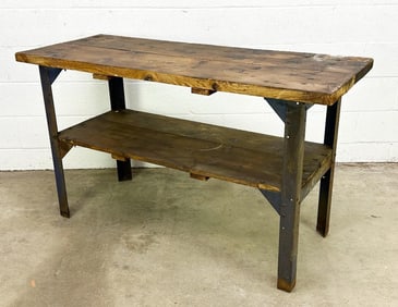 Vintage Wooden & Metal Industrial Workbench with Shelf