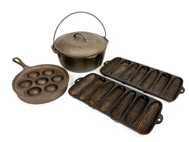 Lot of 4 Cast Iron Dutch Oven, Aebleskiver, 2 Corn Bread Pans