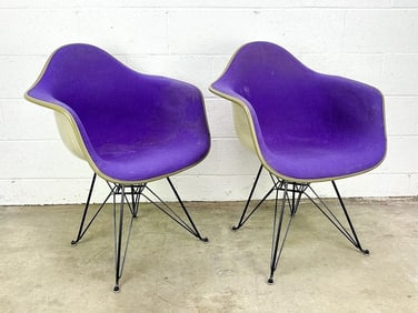 Pair of Eames Arm Chairs Purple Fabric on Greige Fiberglass on Aftermarket Eiffel Bases
