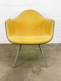 Eames Arm Chair Gold and Tan Alexander Girard Checkerboard Fabric on Greige Fiberglass on Rare