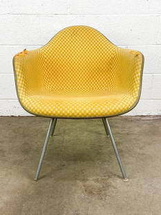 Eames Arm Chair Gold and Tan Alexander Girard Checkerboard Fabric on Greige Fiberglass on Rare: Condition: Minor surface wear/scuffs; on base and throughout. Metal frame has some scuffs and wear. Upholstery has some fraying significant damage. Some minor staining/tears on armrests. See photos.