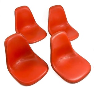 Set of 4 Eames Side Chairs Red Monochrome Naugahyde on Red Fiberglass with Red Bumper (shell only)