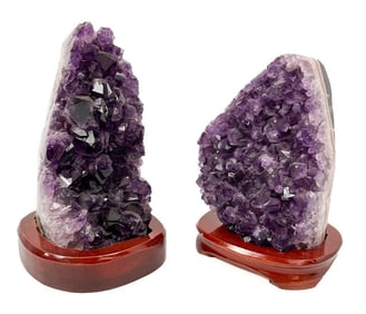 Two Amethyst Geode Cluster Stones on Wood Bases