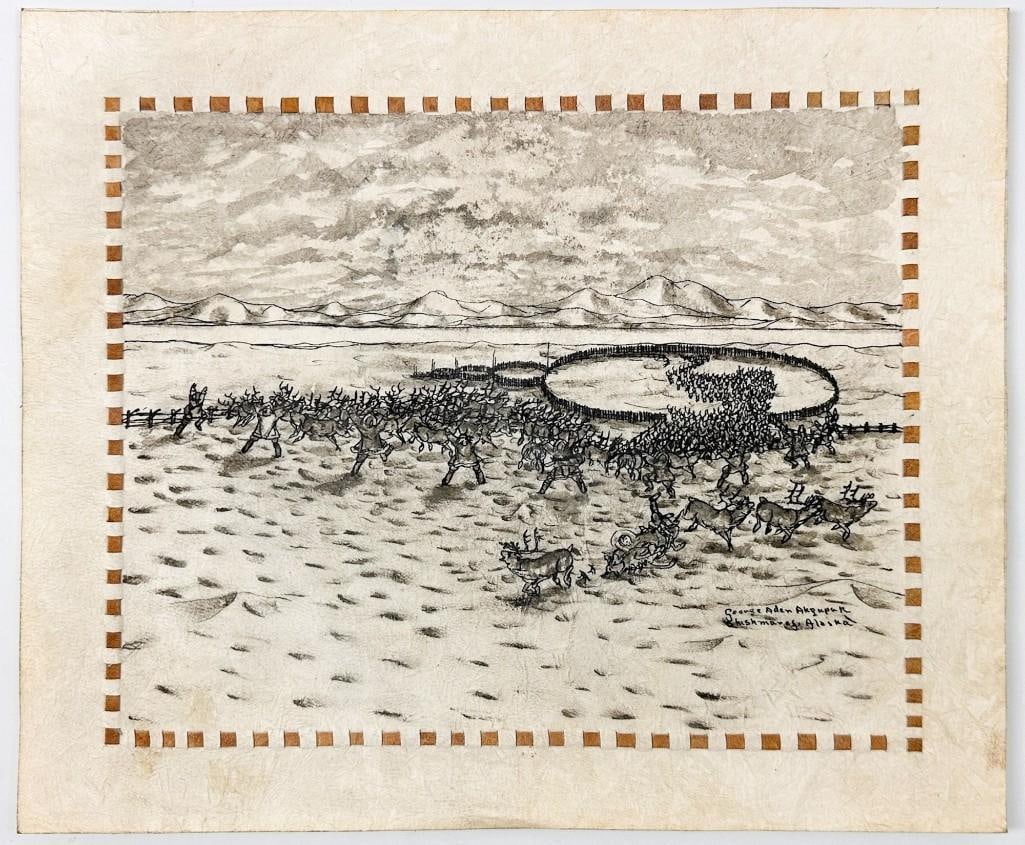 George Twok Aden Ahgupuk (1911-2001) Ink on Hide, Shishmaref, Alaska: Titled "Shishmaref, Alaska." Signed in the lower right corner. Tan boarder is woven into the hide surface. Ahgupuk was a Native-American artist known for his depictions of Inupiaq life. Ahgupuk create