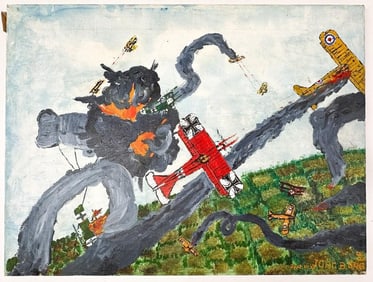 Outsider Painting signed John B. Graber, Oil on Canvas, Red Baron, 1971