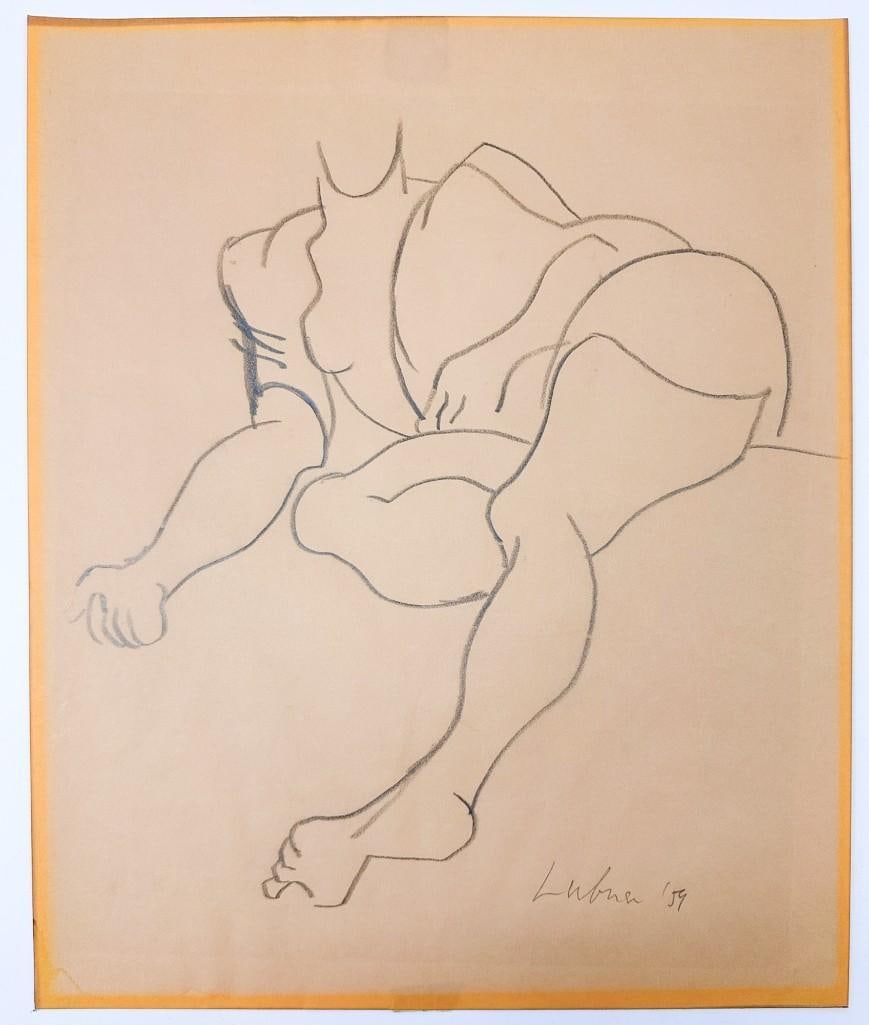 Martin Lubner (1929-2016) Graphite on Paper, Figure, 1959: Signed at lower right in graphite. Human form study. Condition: Fair condition. Some discoloration. Tape residue on back. Dimensions: Approx. 17 in H x 14 in W. Total weight is approx. 1 lb.