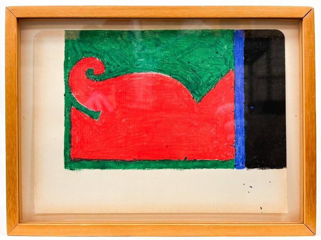 Lorraine Lubner (b. 1926) Ink on Paper, Horizontal Abstract: Untitled. Signed on back in ink. Depicts abstract shapes in bold colors. Condition: Good condition. Frame has scratches and dings. Dimensions: Visible artwork is approximately 6.5 in H x 8.5 in W. Fra