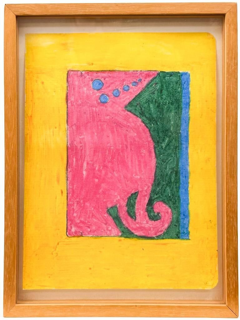 Lorraine Lubner (b. 1926), Ink on Paper, Untitled Verticle Abstract: Untitled. Signed on back in ink. Depicts abstract shapes in bold colors. Condition: Good condition. Frame has scratches and dings. Dimensions: Visible artwork is approximately 8.5 in H x 6.5 in W. Fra