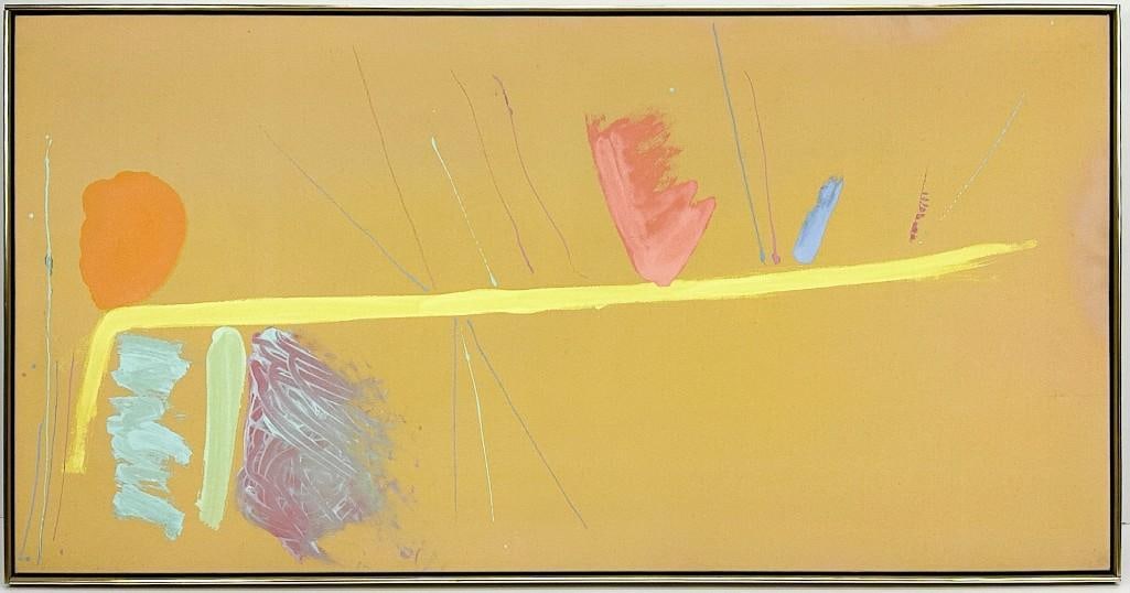 Dan Christensen (1942-2007) Acrylic on Canvas, Chickasaw, 1987: Titled “Chickasaw." Signed and dated 1987 on back. Labeled on back of canvas. Condition: Good condition. Dimensions: Painting is approx. 36 in H x 70 in W x 2 in D. Weighs 18.6 lbs.