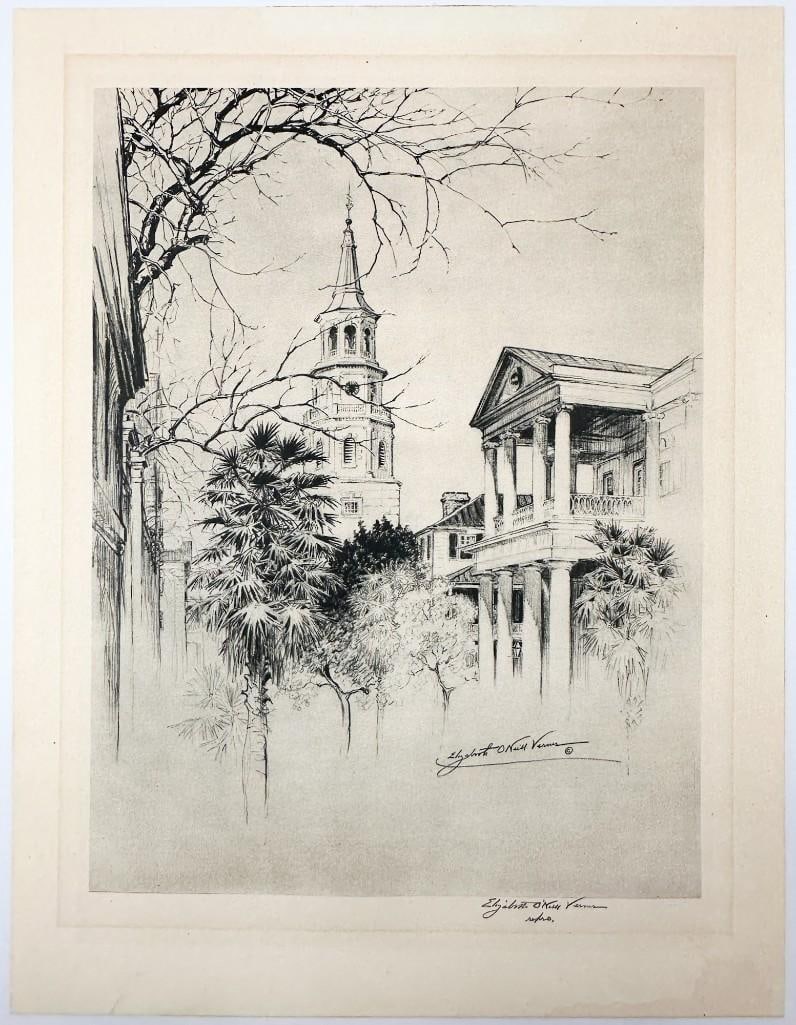 Elizabeth O'Neill Verner (1883-1979) Collotype Print on Paper, St. Michael’s Spire, South Carolina: Signed in the lower right in graphite. Reproduction. Condition: Discoloration on the front from window mat. Evidence of water exposure on lower right corner. Backside has linear discoloration from pr