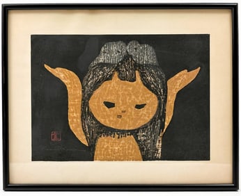 Kaoru Kawano (1916-1965) Woodblock Print, Young Girl With Birds in Her Hair