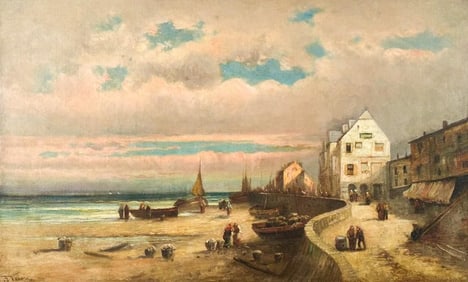 F. Verne, 19th Century Oil on Canvas, Fisherman’s Village
