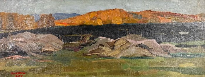 Arkady Okhlupin (1926-1993) Oil on Canvas, Gathering Potatoes, 1955