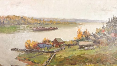 Mikhail Kuznetsov (1904-1989) Oil on Masonite, Village Landscape, Kineshma, 1950