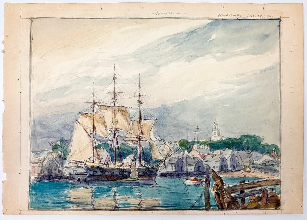Reynolds Beal (1866/67-1951) Watercolor and Graphite on Paper, Nantucket, 1910: Inscribed "Composition Nantucket, Aug 28th,1910." Unsigned. Back inscription reads: The accidental origin of Lustre China silver left in (?)... Nantucket." Condition: Pinholes at corners. Yellowing t