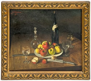 Signed Neumanns, Oil on Art Board, Still life with Apples and Wine, 1913